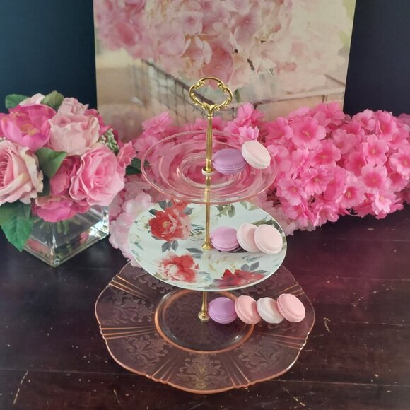 Handmade 3 Tier Pink Depression Glass & Ceramic Floral Dessert Stand - Picture 2 of 10
